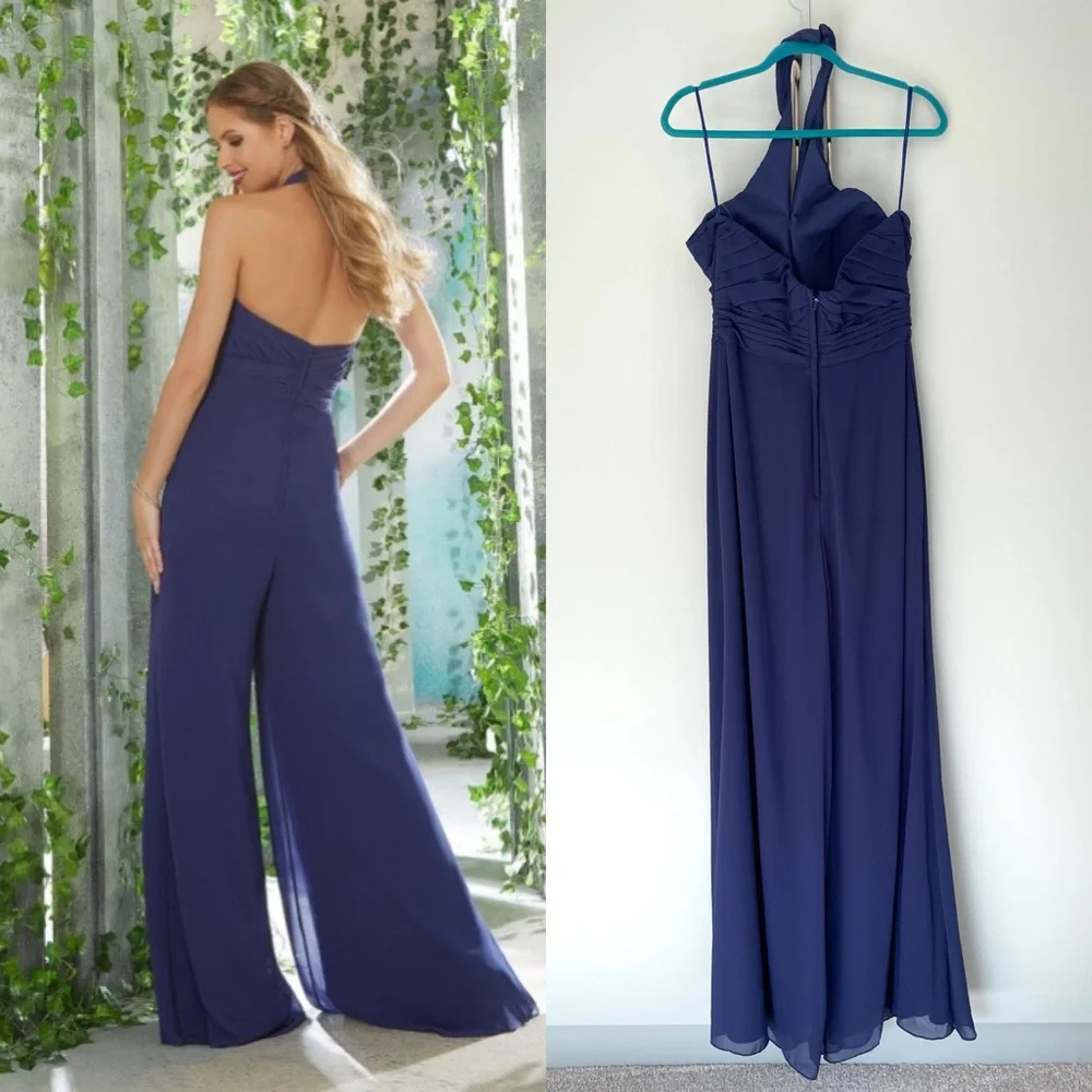 MORILEE Madeline Gardner Halter Chiffon Bridesmaid Jumpsuit in Sapphire 21626 - Picture 2 of 14